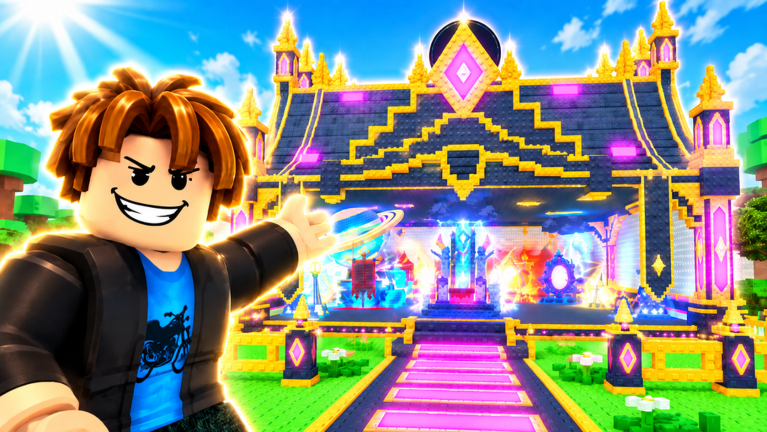 A finished Steal From The Rich! base: a grand gold-and-navy temple built from stolen treasures